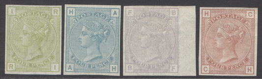 (SG 152) 1872 4d colour trials x4. Light sage, turquoise-blue, grey-lilac & pale red-brown.  All 4 margins...