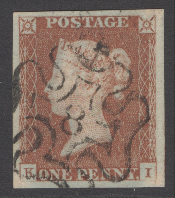 SG 8m 1d red-brown lettered KI. Very fine used with a number ‘8’ in Maltese cross. 4 fine margins CAT £160
