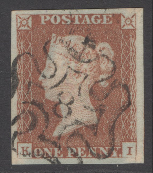 SG 8m 1d red-brown lettered KI. Very fine used with a number ‘8’ in Maltese cross. 4 fine margins CAT £160