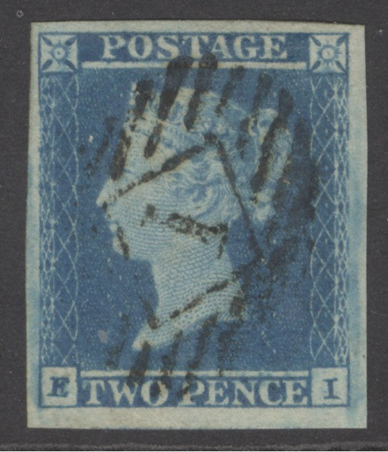 SG 14 1841 2d blue plate 4 lettered EI. Very fine used. 4 fine/large margins