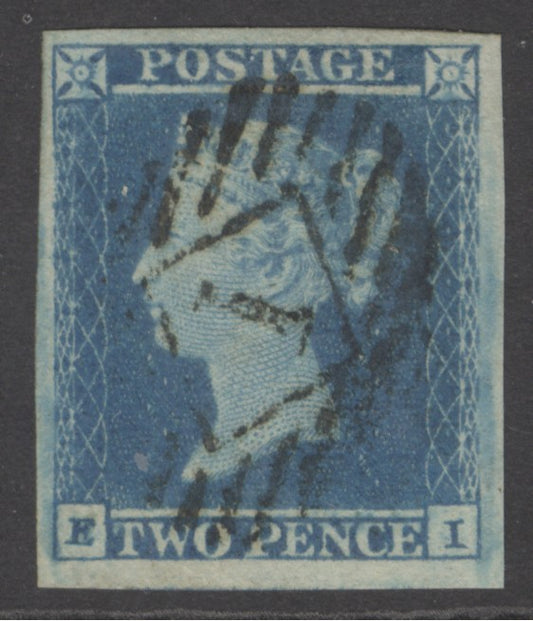 SG 14 1841 2d blue plate 4 lettered EI. Very fine used. 4 fine/large margins