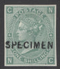 (SG 117) 1/- green plate 4 imperf specimen, type 6. A fine fresh example with 4 fine margins CAT £500