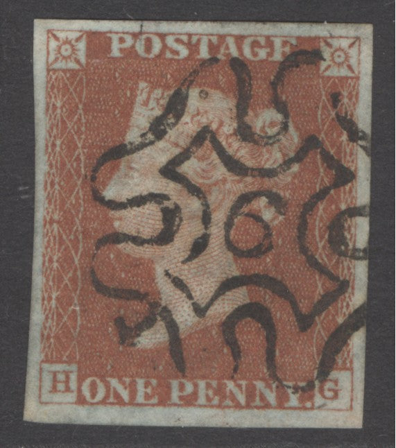 SG 8m 1d red-brown lettered HG. Very fine used with a number ‘9’ in Maltese cross. 4 fine margins CAT £180