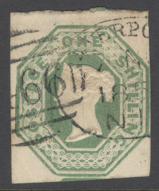 SG 54 1/- pale green. Very fine used with a Liverpool spoon cancel. 4 close to large margins