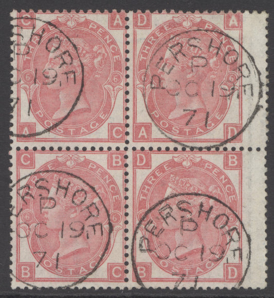 SG 103 3d rose plate 6 block of 4. Very fine used with upright Pershore, Oct 19th 1871 CDS’s