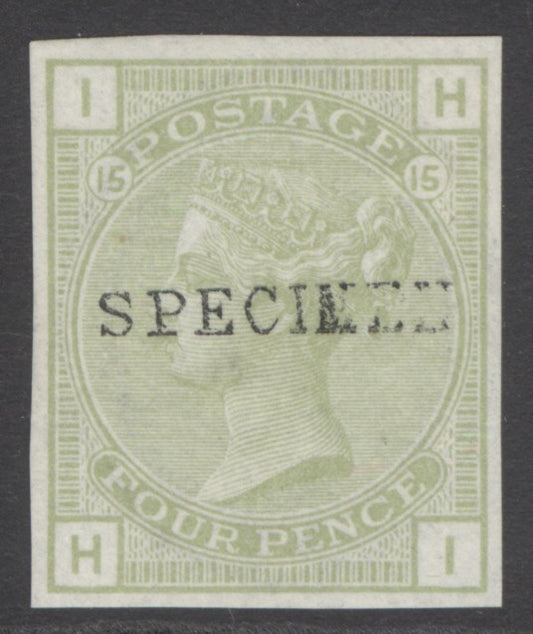 (SG 152) 4d light sage-green imperf colour trial plate 15 lettered HI, overprinted specimen. Lightly mounted mint. 4 fine margins CAT £450