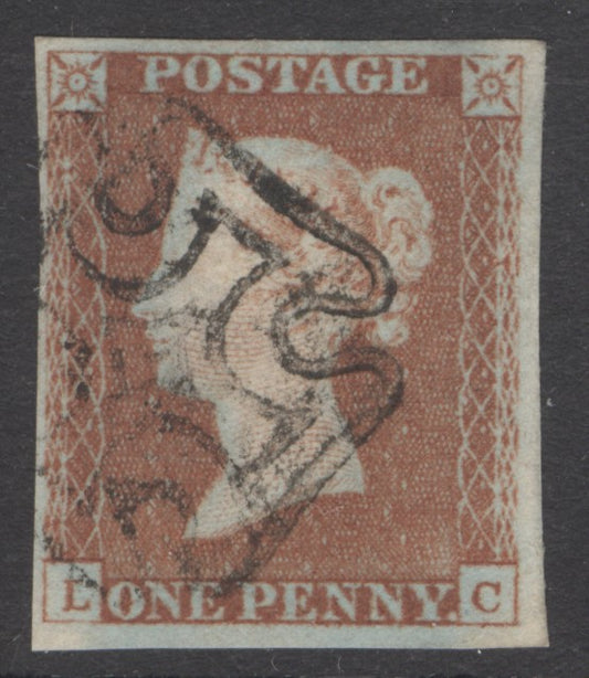 SG 8 1d red-brown plate 25 lettered LC. Very fine used with a Kelso Maltese cross (spec BS14to). 4 margins CAT £700