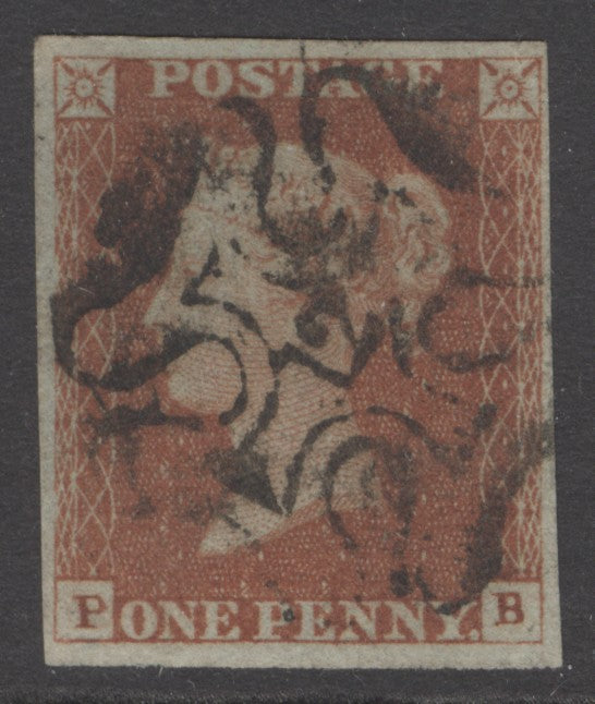 SG 8m 1d red-brown lettered PB plate 30. Very fine used with a number ‘12’ in Maltese cross. 4 margins CAT £350