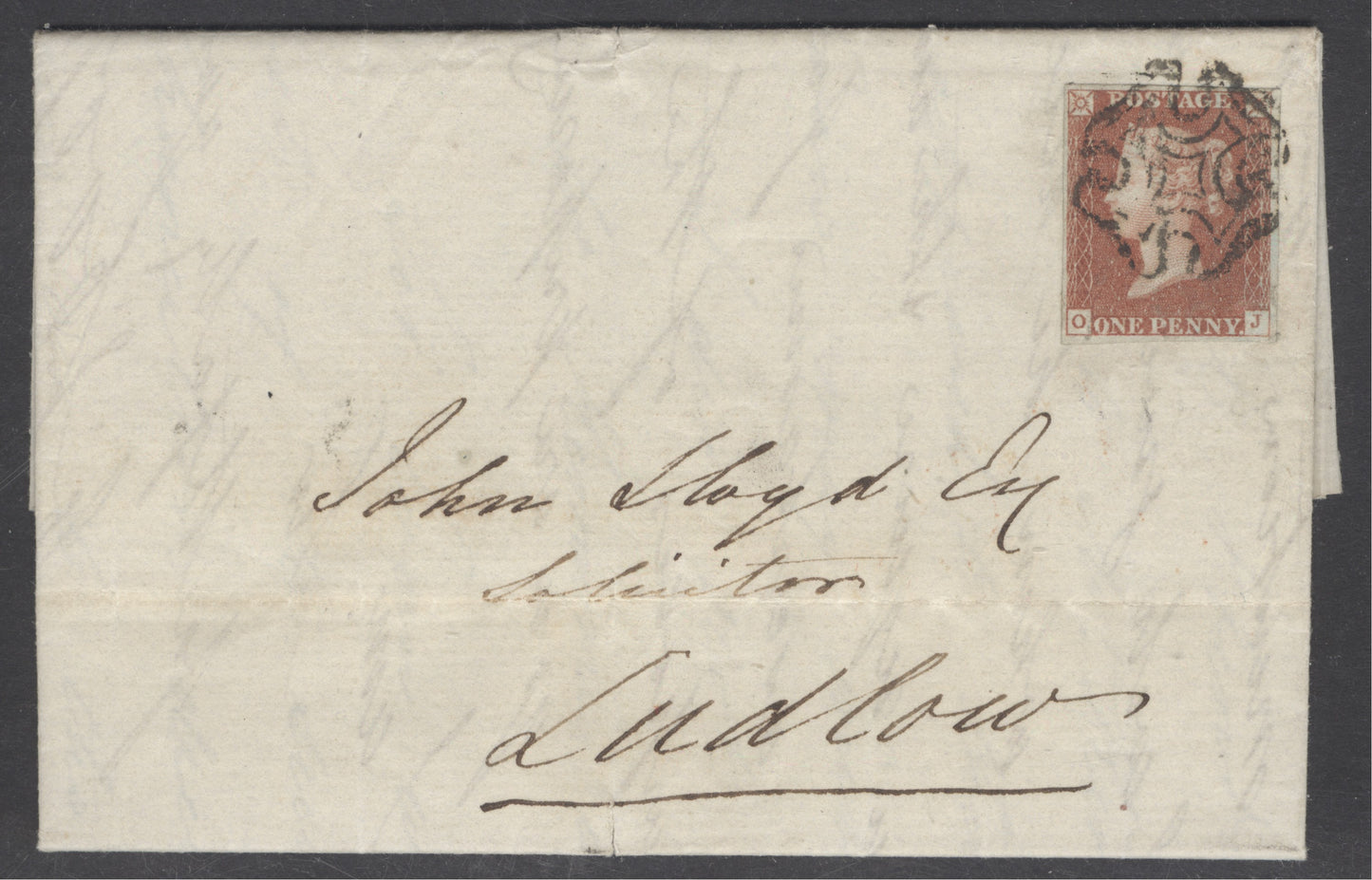 SG 7 1841 1d red-brown plate 8 lettered OJ. 4 margins on Irish cover to Ludlow tied to entire. 3 pages of correspondence  from Dublin...