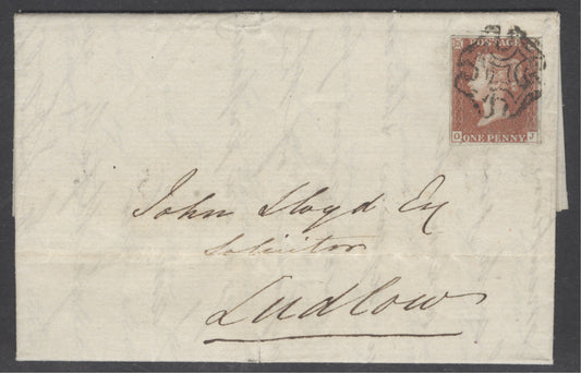 SG 7 1841 1d red-brown plate 8 lettered OJ. 4 margins on Irish cover to Ludlow tied to entire. 3 pages of correspondence  from Dublin...