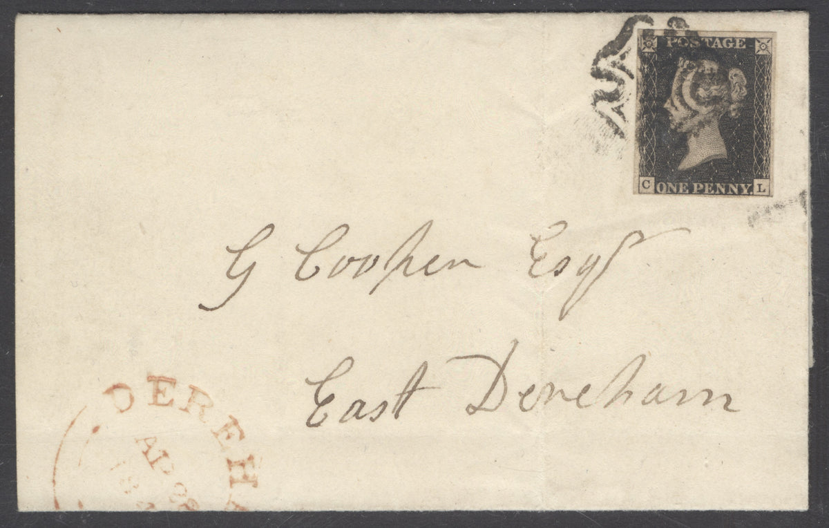 SG 2 1d black plate 9 lettered CL on entire to Denham. Fine used tied with a black Maltese cross. 4 margins.  Usual filing creases clear of stamp CAT £1000