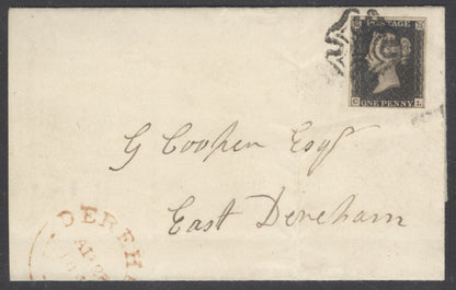 SG 2 1d black plate 9 lettered CL on entire to Denham. Fine used tied with a black Maltese cross. 4 margins.  Usual filing creases clear of stamp CAT £1000