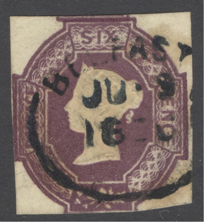 SG 59 6d dull lilac. Very fine used with part ‘Belfast spoon’ margins touched in places