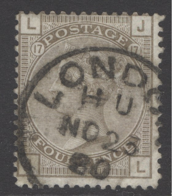 SG 154 4d grey-brown plate 17. Very fine used with a London CDS, Nov 23rd 1880 CAT £400