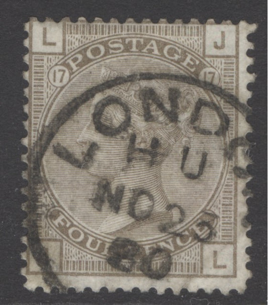 SG 154 4d grey-brown plate 17. Very fine used with a London CDS, Nov 23rd 1880 CAT £400