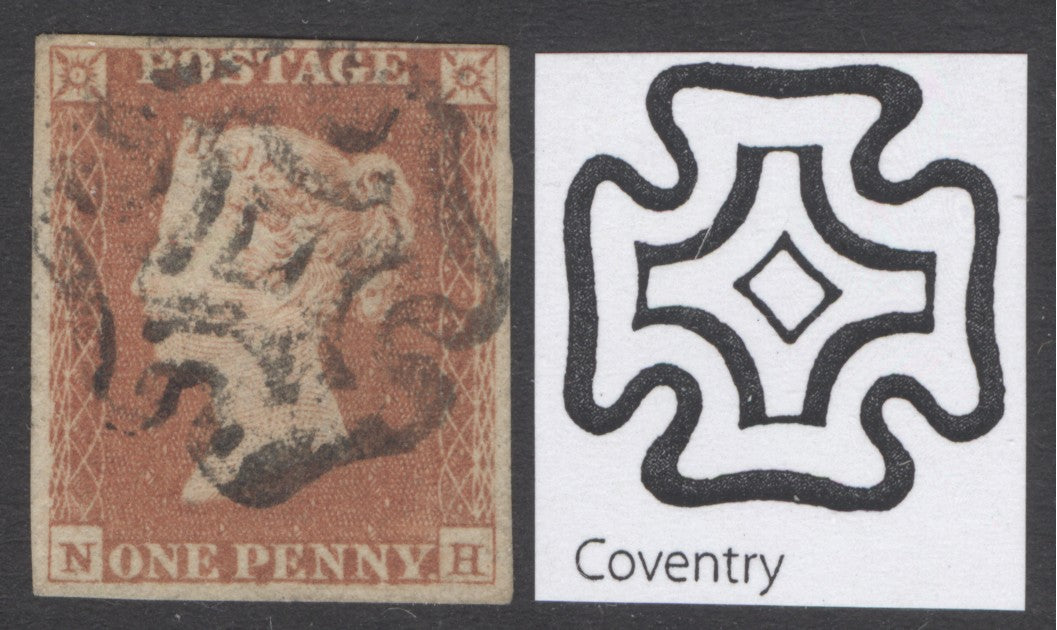 SG 8 1d red-brown plate 19 lettered NH. Very fine used with the distinctive Coventry special Maltese cross. 4 fine margins. Mike Jackson cert