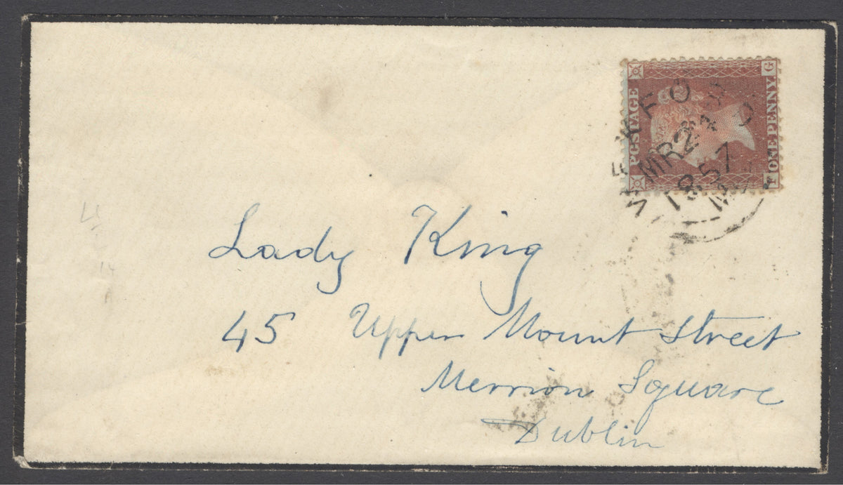 SG 29 1d red-brown used on mourning envelope addressed to Lady King, Dublin in blue ink.  Stamp cancelled with a fine Wrexford CDS...
