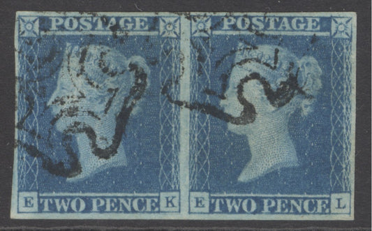 SG 14 1841 2d blue plate 3 pair lettered EK-EL. Very fine used with Maltese cross cancels. Full-fine margins CAT £550