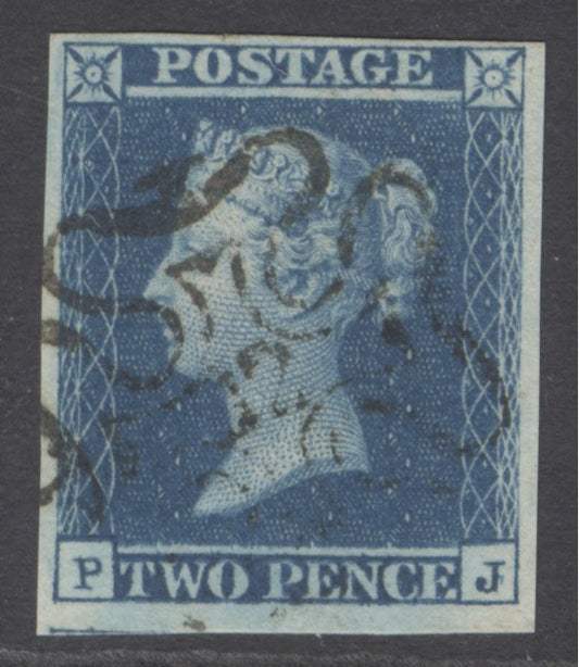 SG 14f 1841 2d blue plate 3 lettered PJ. Very fine used with a number ‘12’ in Maltese cross. 4 good to huge margins CAT £350