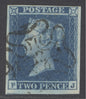 SG 14f 1841 2d blue plate 3 lettered PJ. Very fine used with a number ‘12’ in Maltese cross. 4 good to huge margins CAT £350