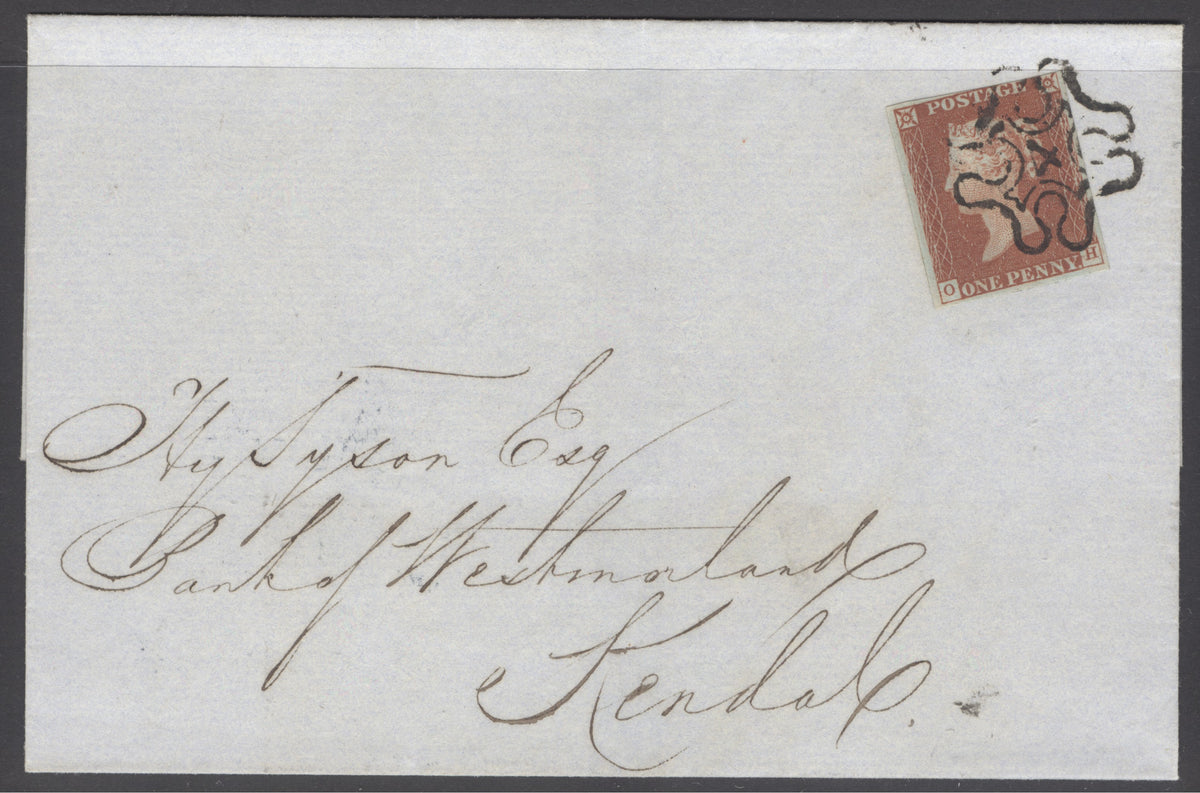 SG 8m 1d red-brown plate 36 lettered OH on cover neatly tied with a number ‘4’ in Maltese cross...