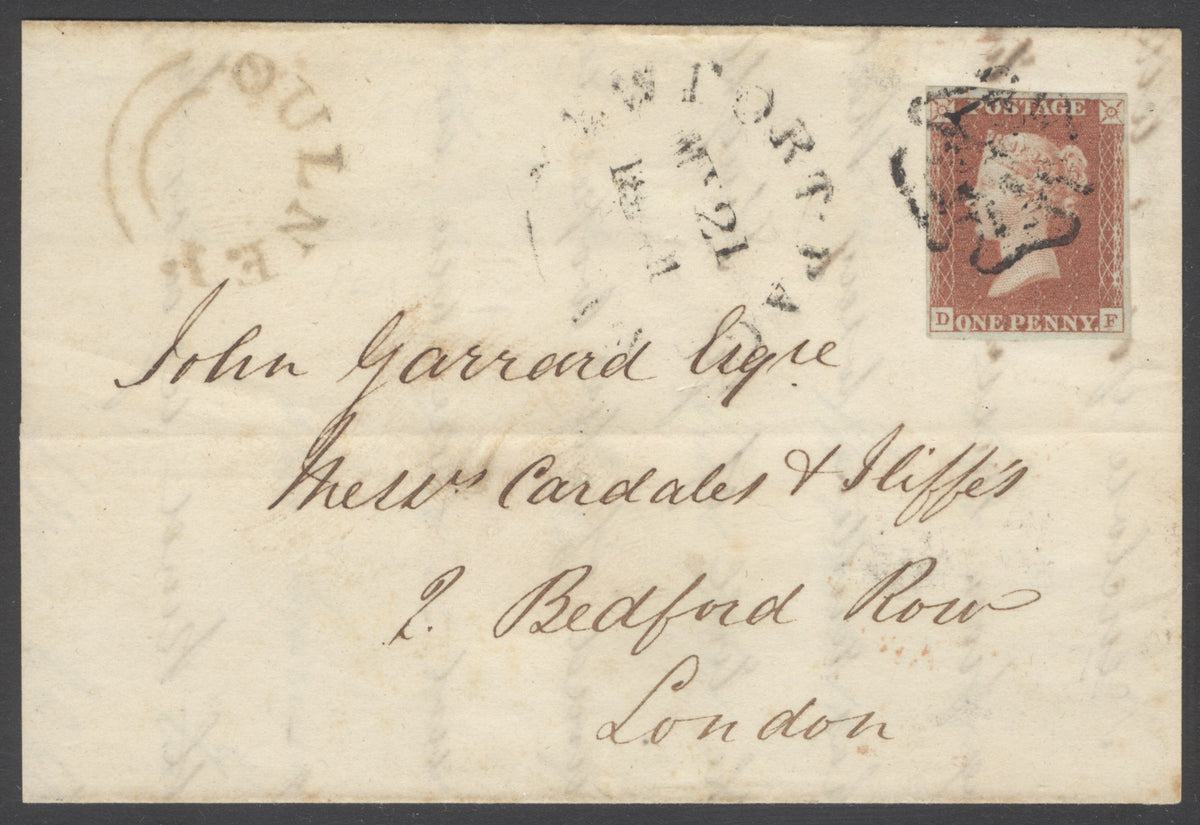 SG 7 1d red-brown plate 9 lettered DF. Very fine used on entire to London, cancelled with a black Maltese cross...