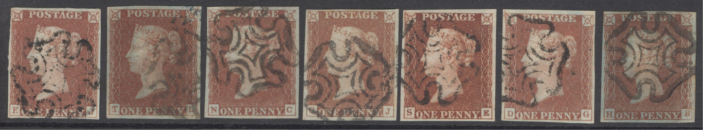 SG 7 1841 1d reds from the black plates set of 7. Very fine used, full margins CAT £1480