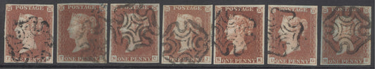 SG 7 1841 1d reds from the black plates set of 7. Very fine used, full margins CAT £1480