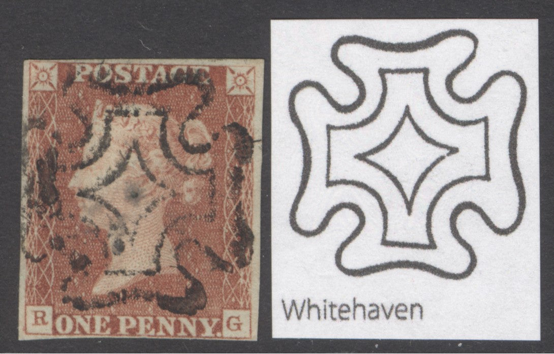 Whitehaven distinctive Maltese cross on SG 7 1d red-brown plate 5 lettered RG. 4 margins close to good,  cancelled with a fine strike on the rare...