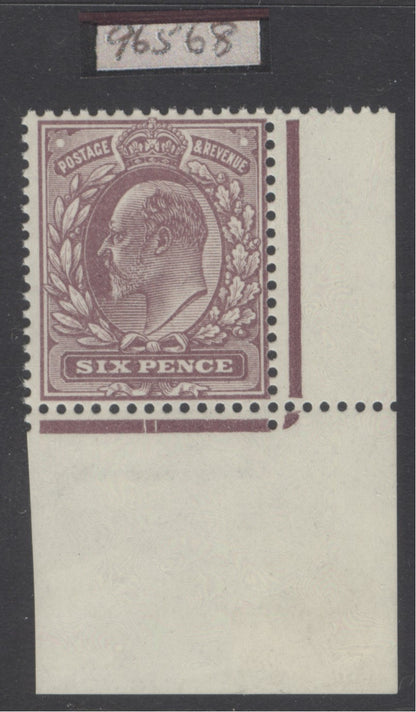 SG 301 6d dull purple ‘Dickinson coated paper’. A pristine unmounted mint corner marginal example (hinged in lower margin) from plate 11.  RPS cert...