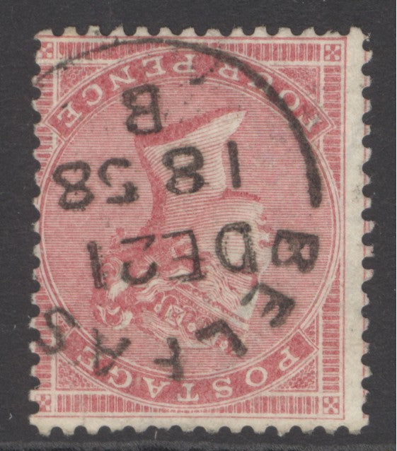 SG 66i 4d rose-carmine variety watermark inverted. Very fine used with a Belfast, Dec 1858 CDS CAT £250