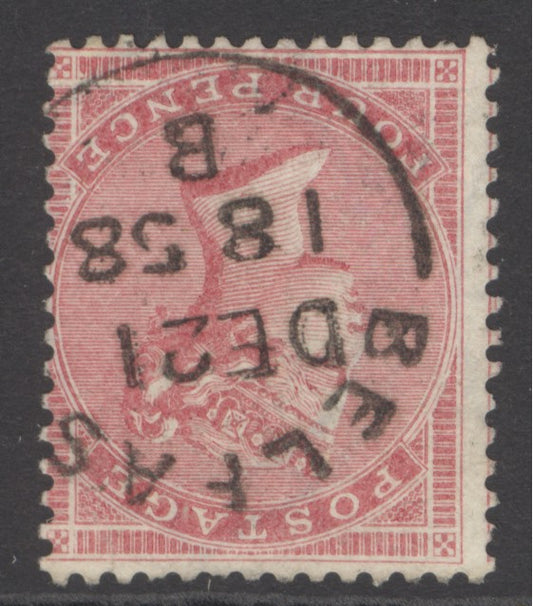 SG 66i 4d rose-carmine variety watermark inverted. Very fine used with a Belfast, Dec 1858 CDS CAT £250