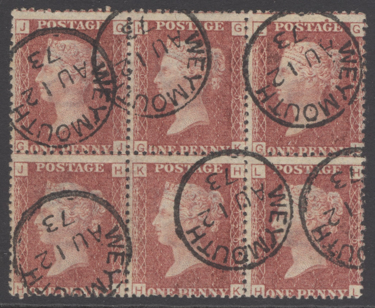 SG 43 1d rose-red plate 120 block of 6. Very fine used with Weymouth, Aug 12th 1873 CDS’s