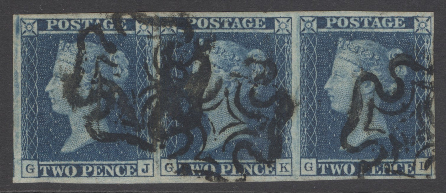 SG 14 1841 2d blue strip of 3 plate 3 lettered GJ-GL. Fine used with Maltese cross cancels.  Full good to large margins CAT £825