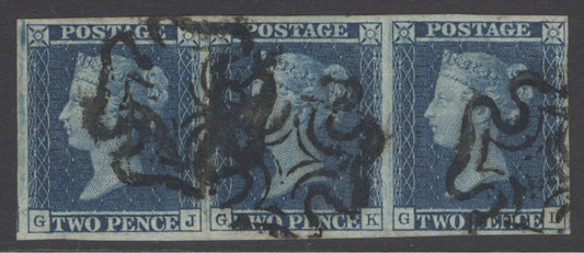 SG 14 1841 2d blue strip of 3 plate 3 lettered GJ-GL. Fine used with Maltese cross cancels.  Full good to large margins CAT £825
