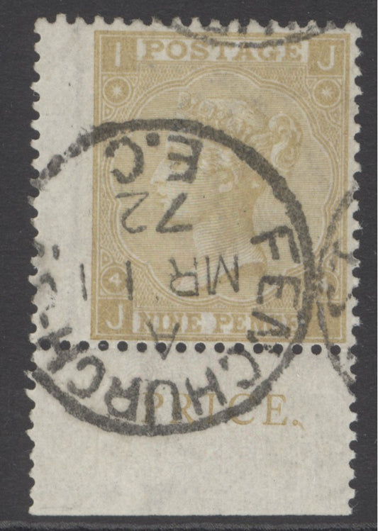 SG 111 9d pale straw. A very fine used marginal example with part inscription, cancelled with a Fenchurch, March 11th 1872 CDS. RPS cert