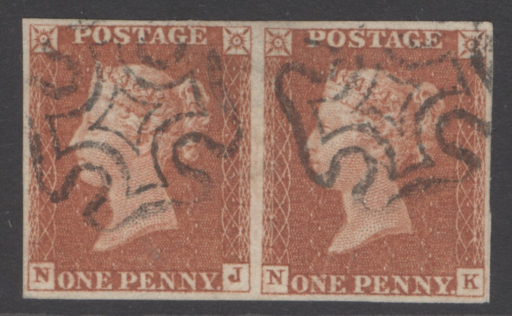 SG 12 1d orange-brown plate 37 lettered NJ-NK pair. Very fine used with Maltese cross cancels. Full margins CAT £550