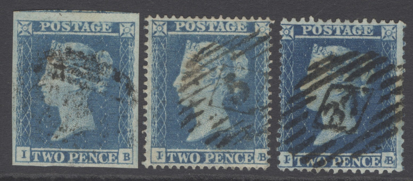 SG 14, 19 & 23. 1841-55. 2d blues imperf/perf matched trio lettered IB. plate 4 watermark small crown. Very fine used CAT £355