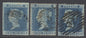 SG 14, 19 & 23. 1841-55. 2d blues imperf/perf matched trio lettered IB. plate 4 watermark small crown. Very fine used CAT £355