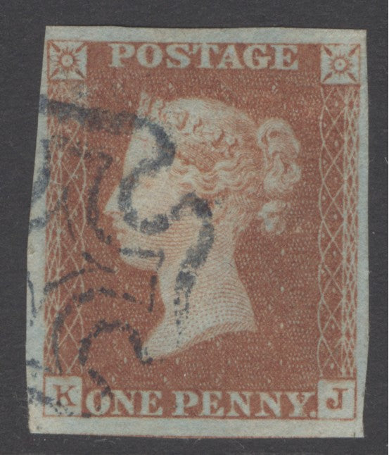 1841 1d red-brown plate 23 lettered KJ. Superb used with a part blue Maltese cross. 4 good to large margins CAT £500