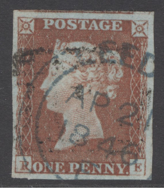 SG 8 1d red-brown plate 58 lettered RE. Very fine used with a blue Leeds CDS, April 21st 1846 (spec Blvd) CAT £1800