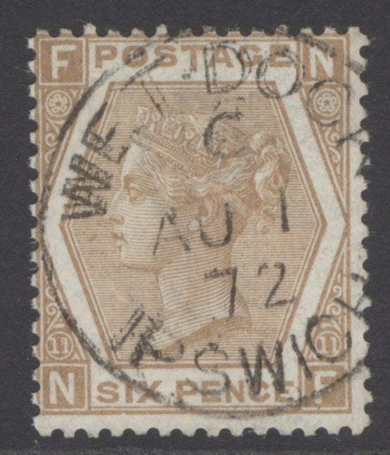 SG 122b 6d pale chestnut variety Spec J79d figure ‘11’ on left damaged (stamp NF)...