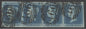 SG 14 1841 2d blue plate 3 strip of 4 lettered JG-JJ. Fine used with ‘466’ numerals (Liverpool). Full fine margins