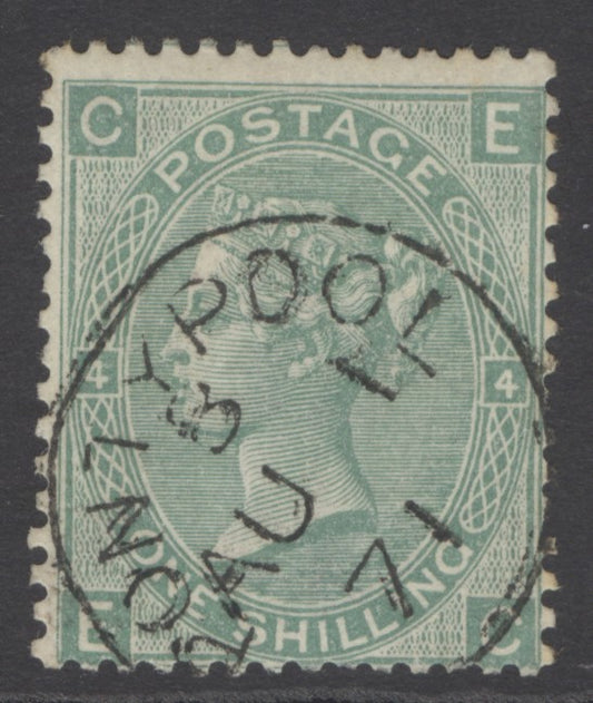 SG 117 1/- green plate 4. Very fine used with a Pontypool, Aug 1st 1871 CDS