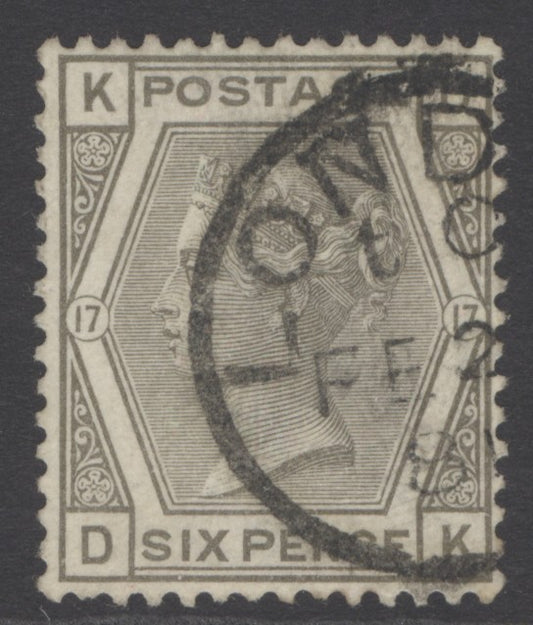 SG 147 6d grey plate 17. Very fine used with a part London CDS