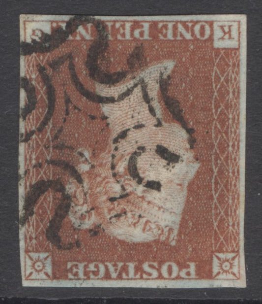 SG 8i 1d red-brown plate 28 lettered KG variety inverted watermark. Very fine used with a Maltese cross cancel.  4 good margins CAT £250