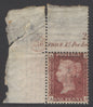 SG 43 1d rose-red plate 216 corner marginal with control number & inscription,  margin at left torn & thinned...