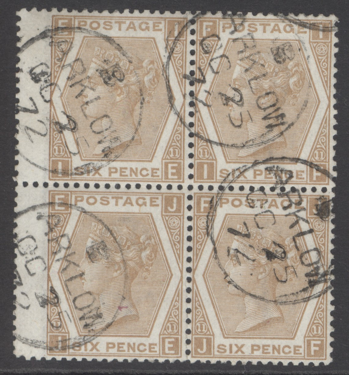 SG 122b 6d pale chestnut plate 11. Very fine used block of 4 cancelled with Arklow CDS’s, Oct 25th 1872