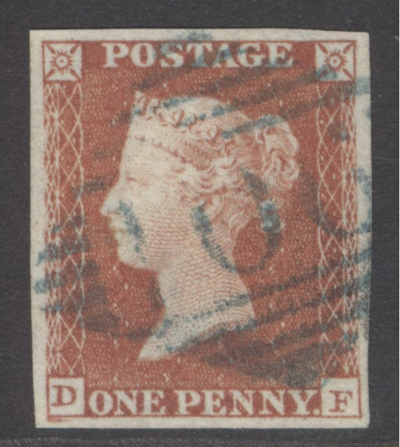 SG 8 1d red-brown plate 70 lettered DF. Very fine used with a blue Irish ‘106’ diamond of Closhell. 4 fine margins