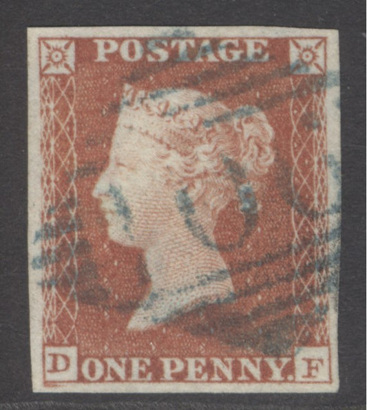 SG 8 1d red-brown plate 70 lettered DF. Very fine used with a blue Irish ‘106’ diamond of Closhell. 4 fine margins